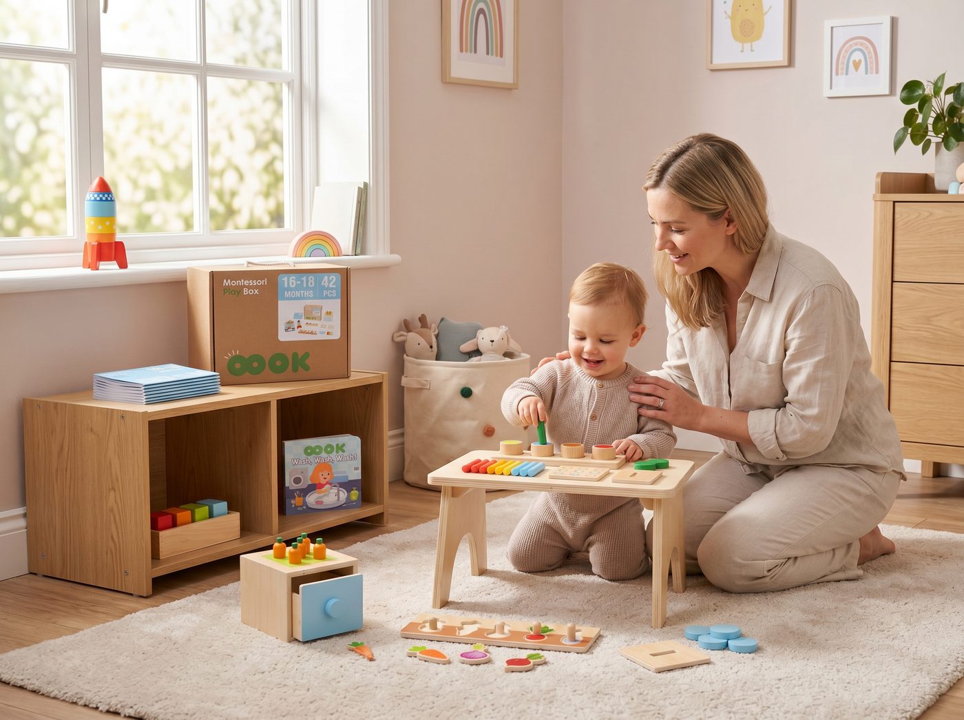 Малыш играет с деревянными игрушками Play Box