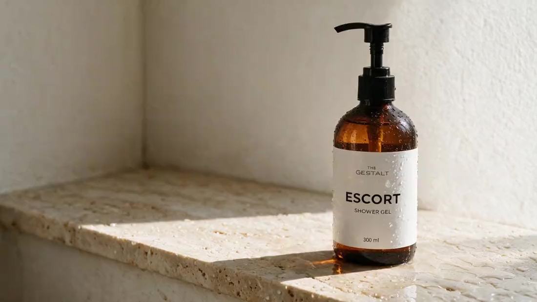 Гель для душа ESCORT в каплях воды на мокрой травертиновой полке