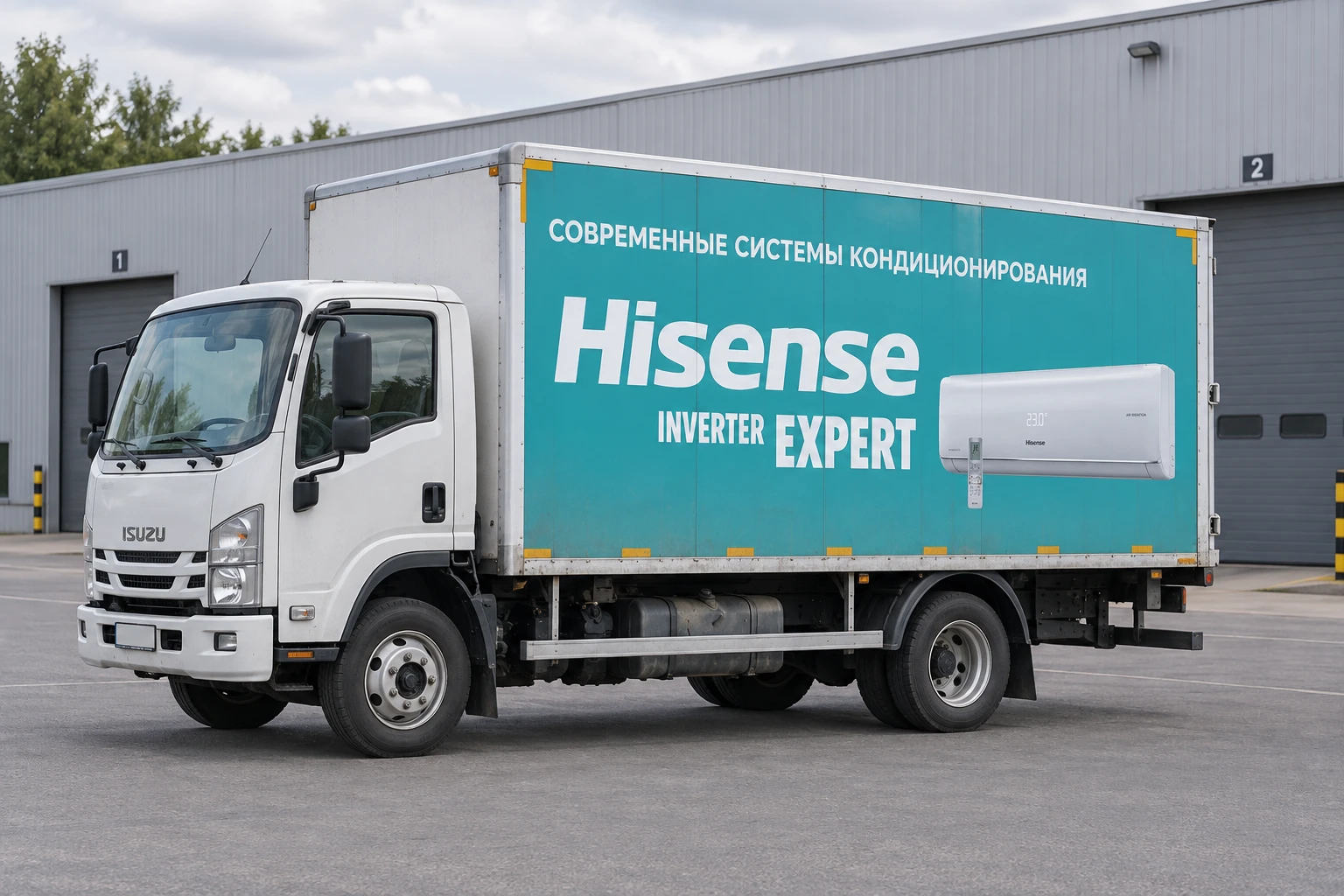 Грузовой автомобиль Hisense у складских помещений, визуализация