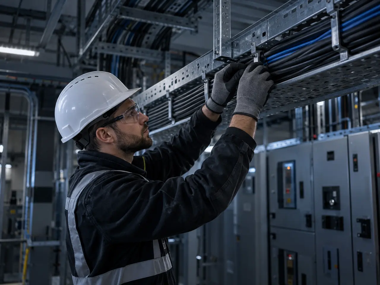 Электромонтажник аккуратно укладывает кабели на объекте