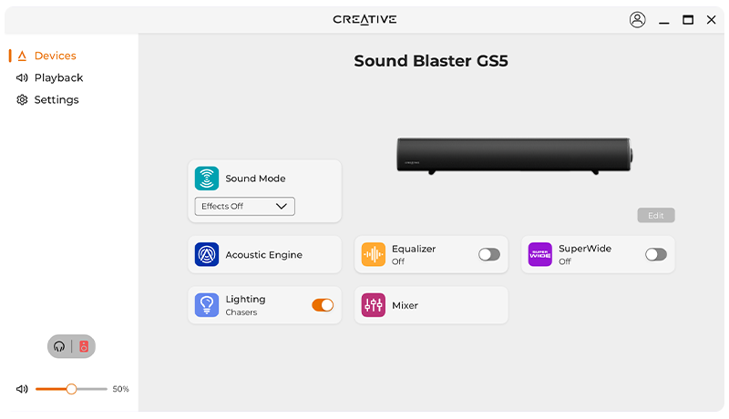 Интерфейс Creative App для Sound Blaster GS5