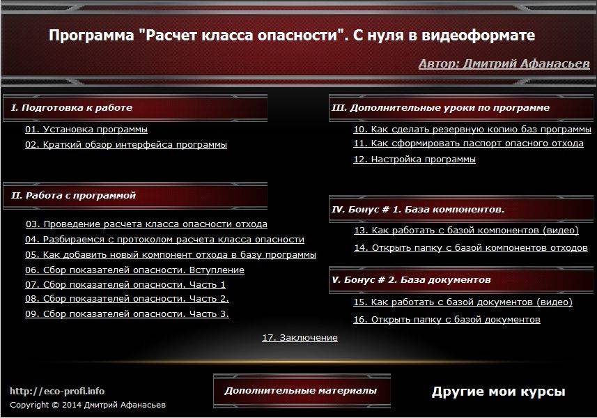 Меню обучающего видеокурса по программе "Расчет класса опасности". С нуля. В видеоформате.