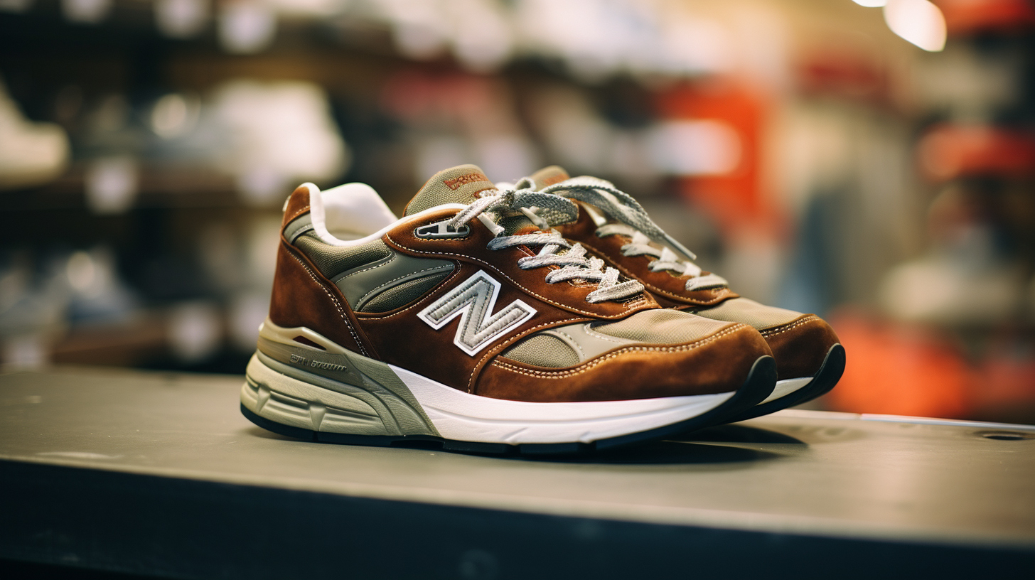 Коричневые кроссовки New Balance с белой подошвой стоят на полке в магазине