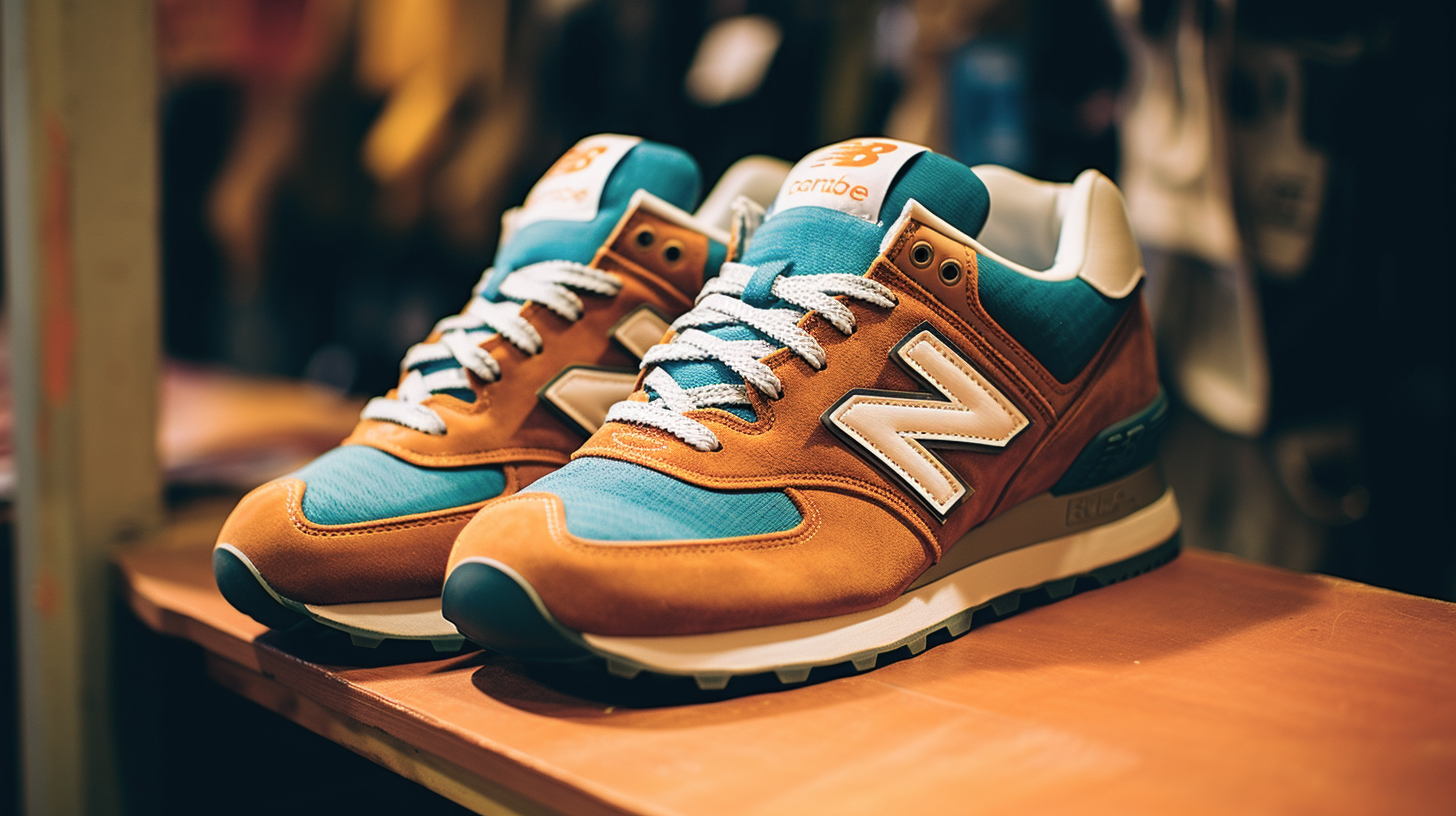 Пара кроссовок New Balance коричневого и бирюзового цвета с белыми шнурками на деревянной поверхности