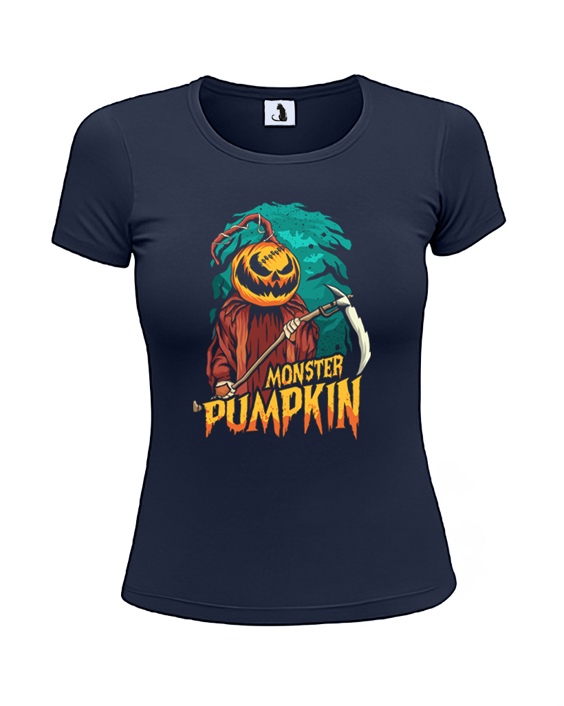 Образец женской футболки Monster Pumpkin приталенного кроя Футболка женская Monster Pumpkin приталенная белая