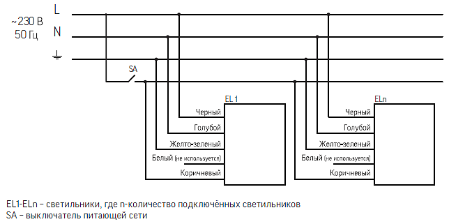 Электрическая схема подключения промышленных влагозащищенных светильников аварийного освещения серии Iron 2.0 EM