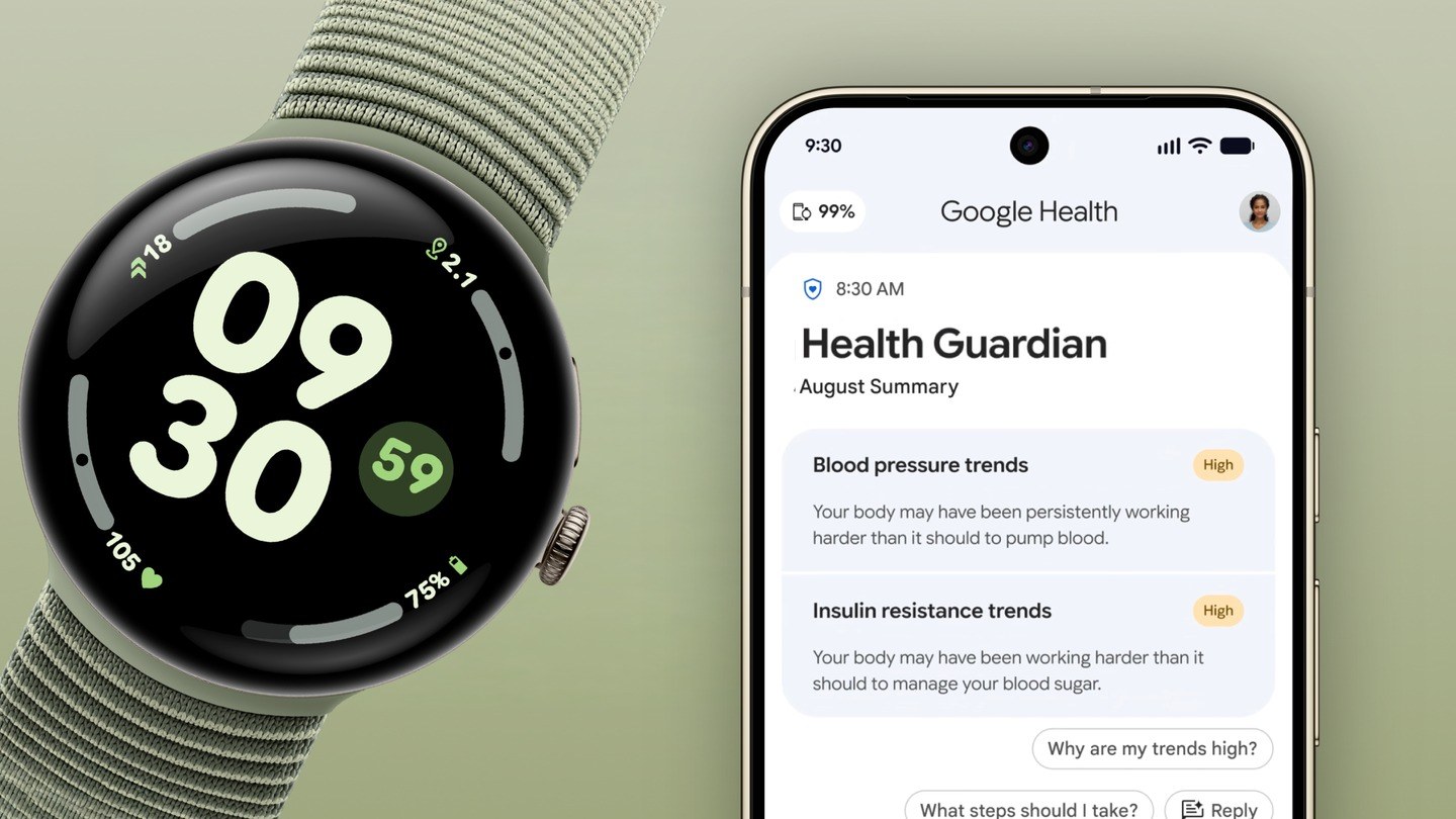 Ежемесячная сводка Health Guardian в приложении Google Health и часы Pixel Watch Ежемесячная сводка Health Guardian в приложении Google Health и часы Pixel Watch