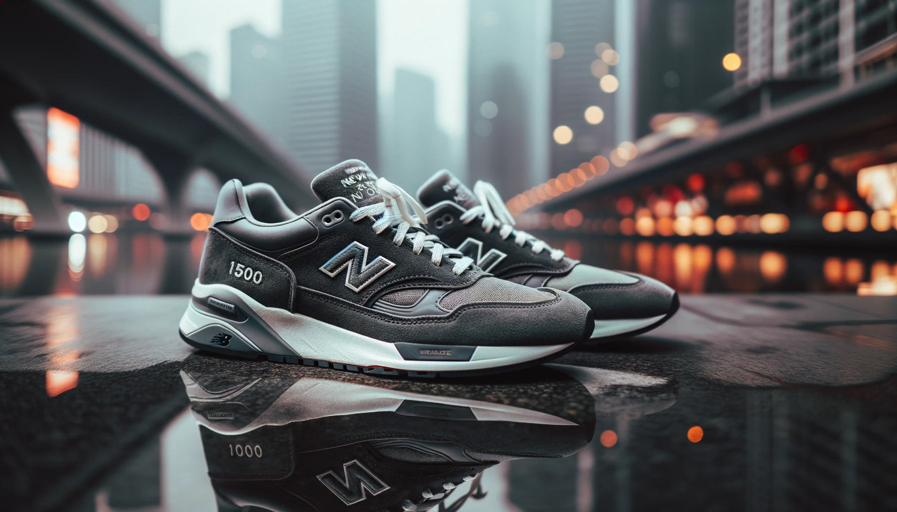Кроссовки New Balance 1500 серого цвета стоят на мокрой поверхности с отражением на фоне вечернего города