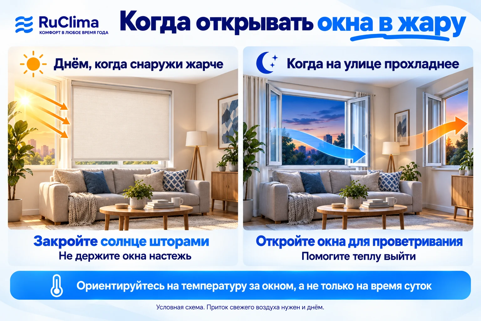 Когда открывать окна в жару: днём затенять комнату, а при более прохладном наружном воздухе проветривать