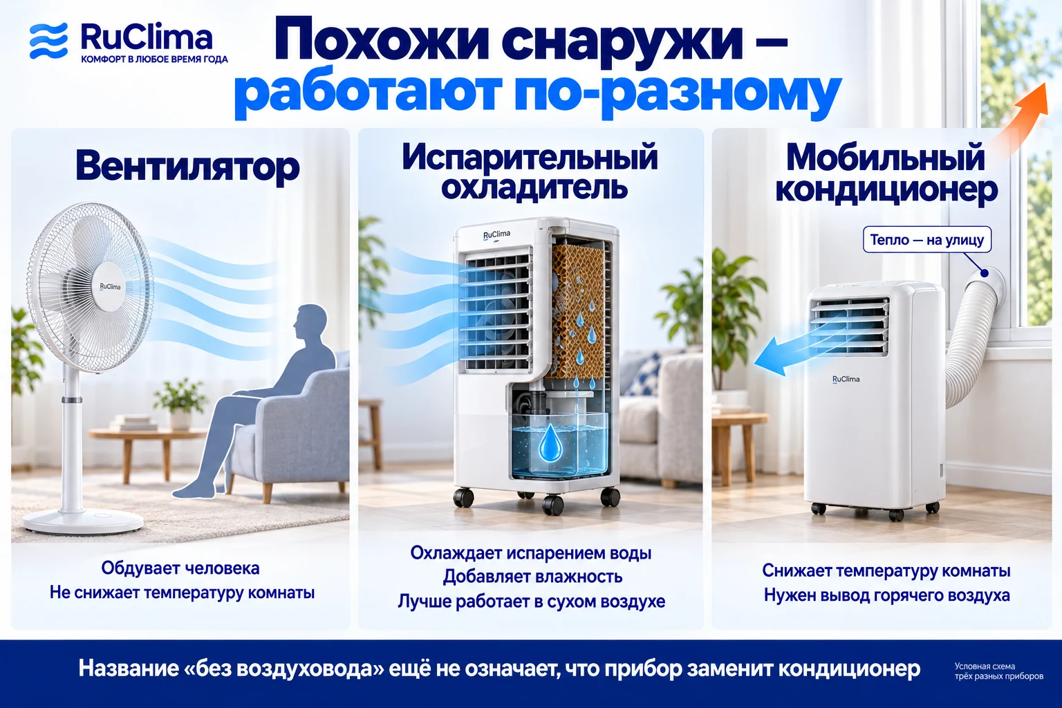 Разница между вентилятором, испарительным охладителем с водой и мобильным кондиционером с выводом горячего воздуха через окно
