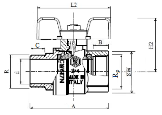 Размеры крана Стаут SVB-0004-000032 Габариты шарового крана Stout SVB-0004-000032