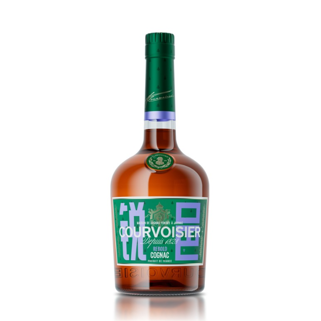 Бутылка Courvoisier Rebold с зелёной и фиолетовой этикеткой и китайскими иероглифами 锐邑
