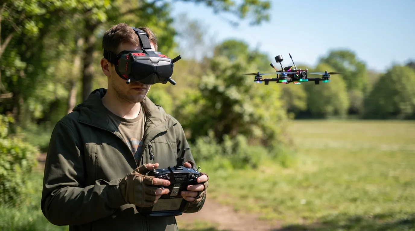 Оператор управляет БПЛА в режиме FPV с помощью очков и пульта