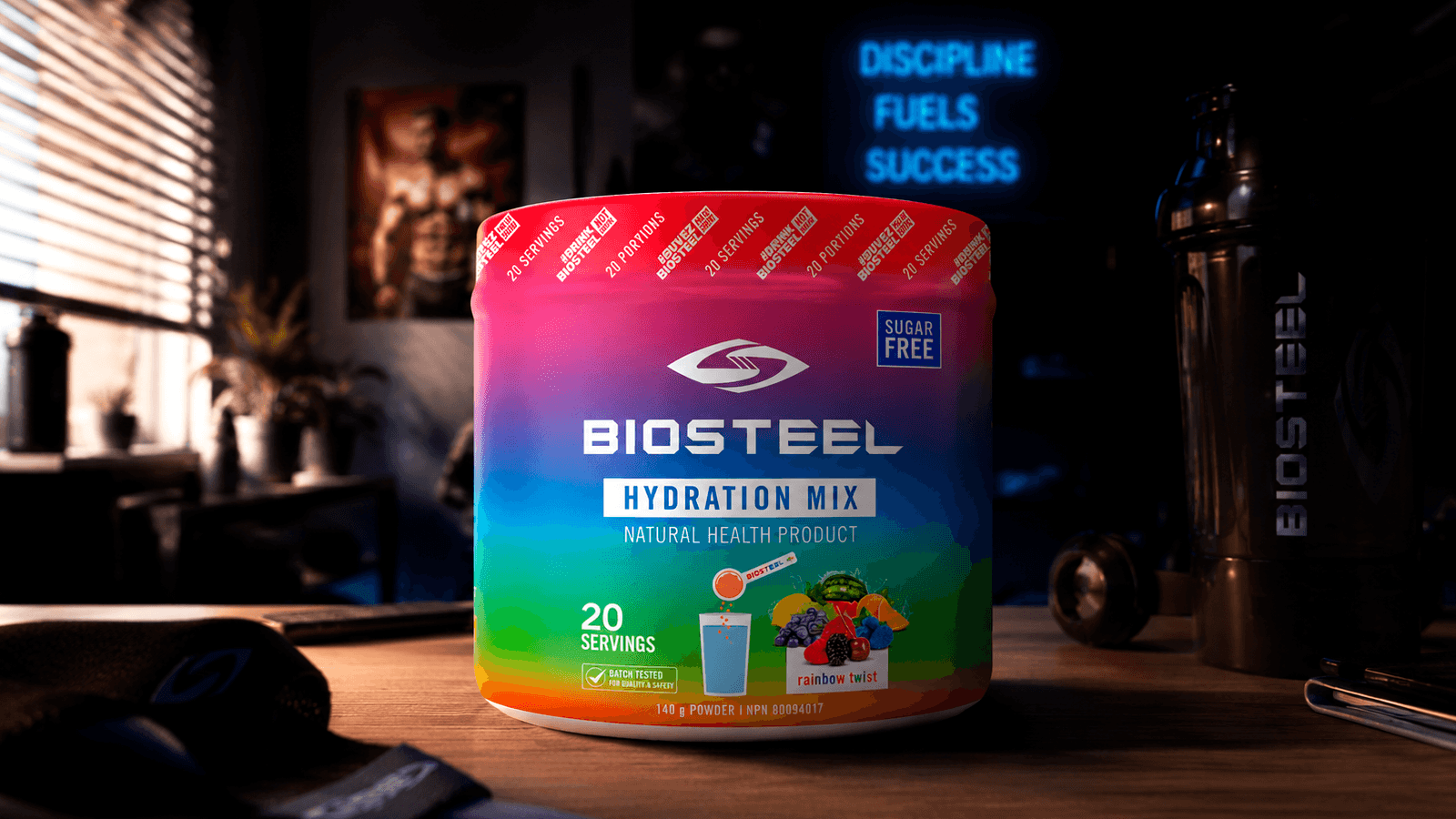 Изотоник BioSteel Hydration Mix мультифрукт стоит на столе