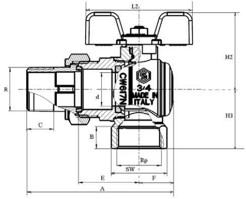 Размеры крана Стаут SVB-0008-000025 Габариты шарового крана Stout SVB-0008-000025