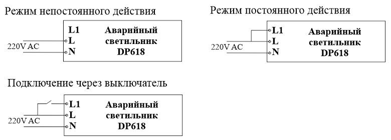 Схемы различных режимов работы светильника аварийного эвакуационного освещения Moncato DP618 ECO IP65 