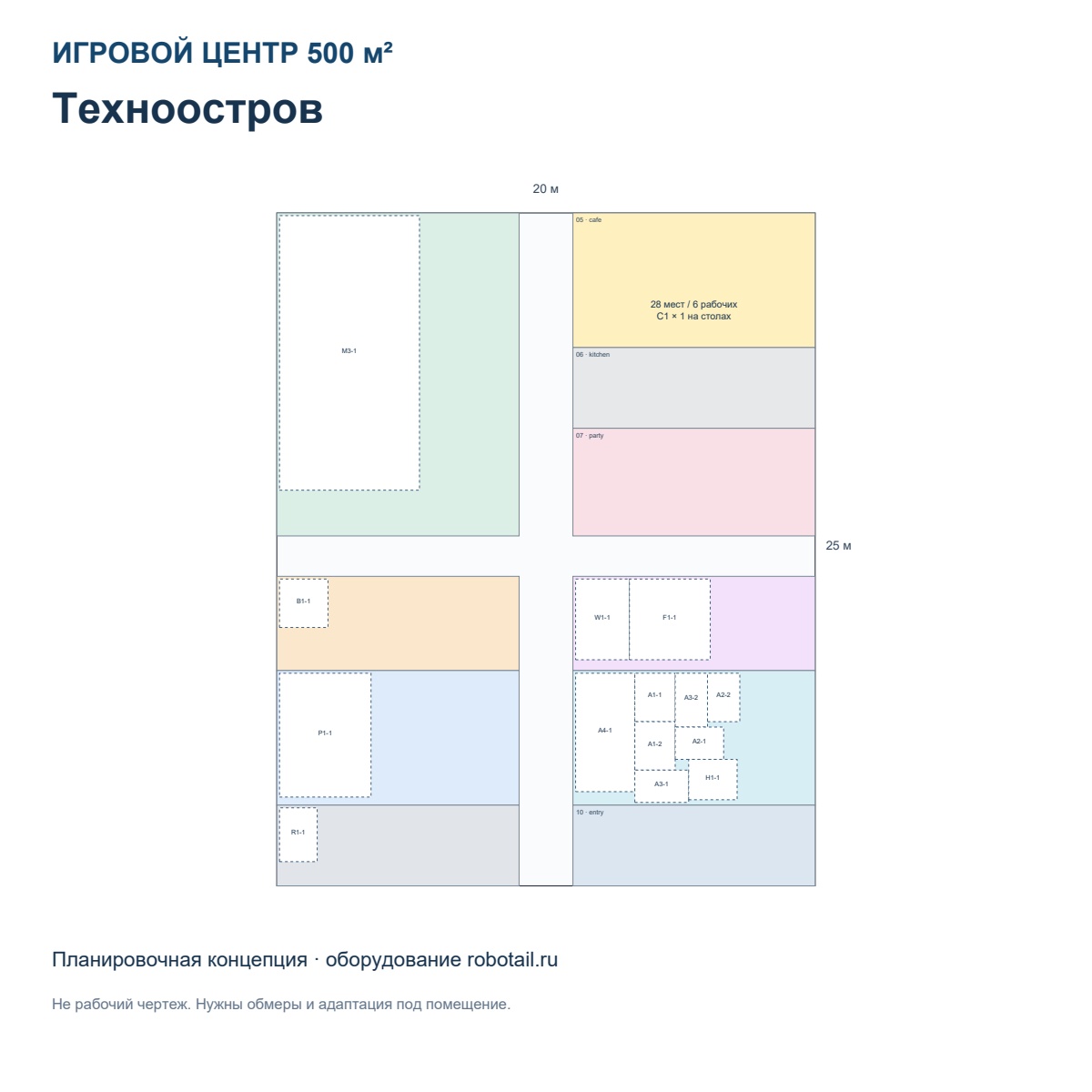 Предварительная планировка игрового центра 500 м² Техноостров с зонами и оборудованием