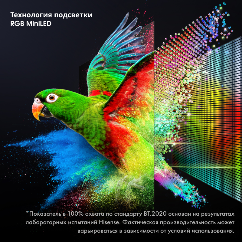 RGB MiniLED: попугай и схема цветной подсветки; заявлен охват BT.2020 по испытаниям Hisense.