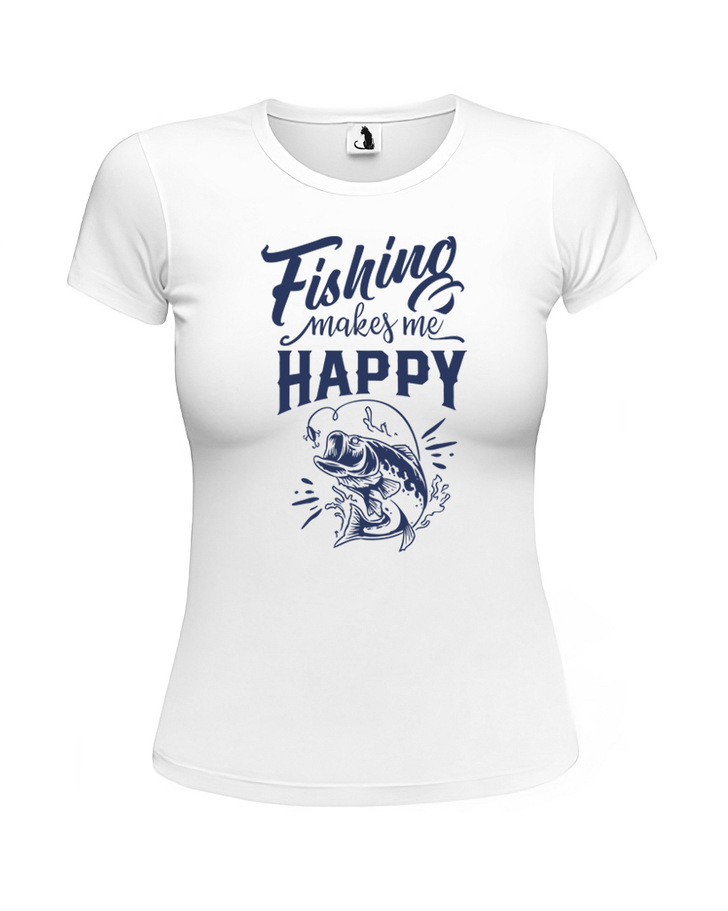 Образец женской футболки Fishing makes me happy приталенного кроя Футболка женская Fishing makes me happy приталенная белая