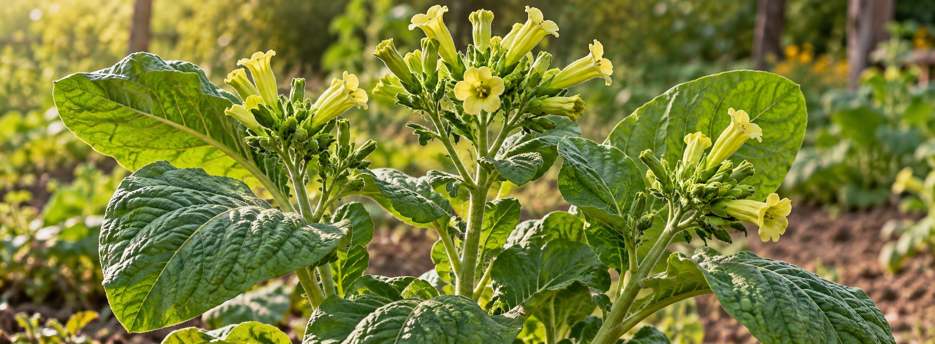 Цветущая махорка Nicotiana rustica с округлыми листьями и желто-зелеными цветками