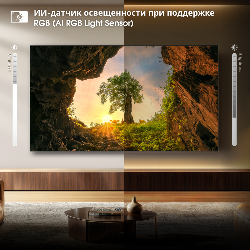 ИИ-датчик освещённости AI RGB Light Sensor: телевизор в комнате с разным освещением.