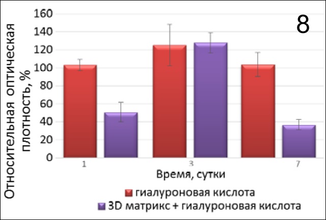 8 Пролиферативная активность фибробластов человека в присутствии препарата на основе гиалуроновой кислоты и препарата на основе гиалуроновой кислоты на коллагеновом 3D-матриксе 8 Пролиферативная активность фибробластов человека в присутствии препарата на основе гиалуроновой кислоты и препарата на основе гиалуроновой кислоты на коллагеновом 3D-матриксе.jpg