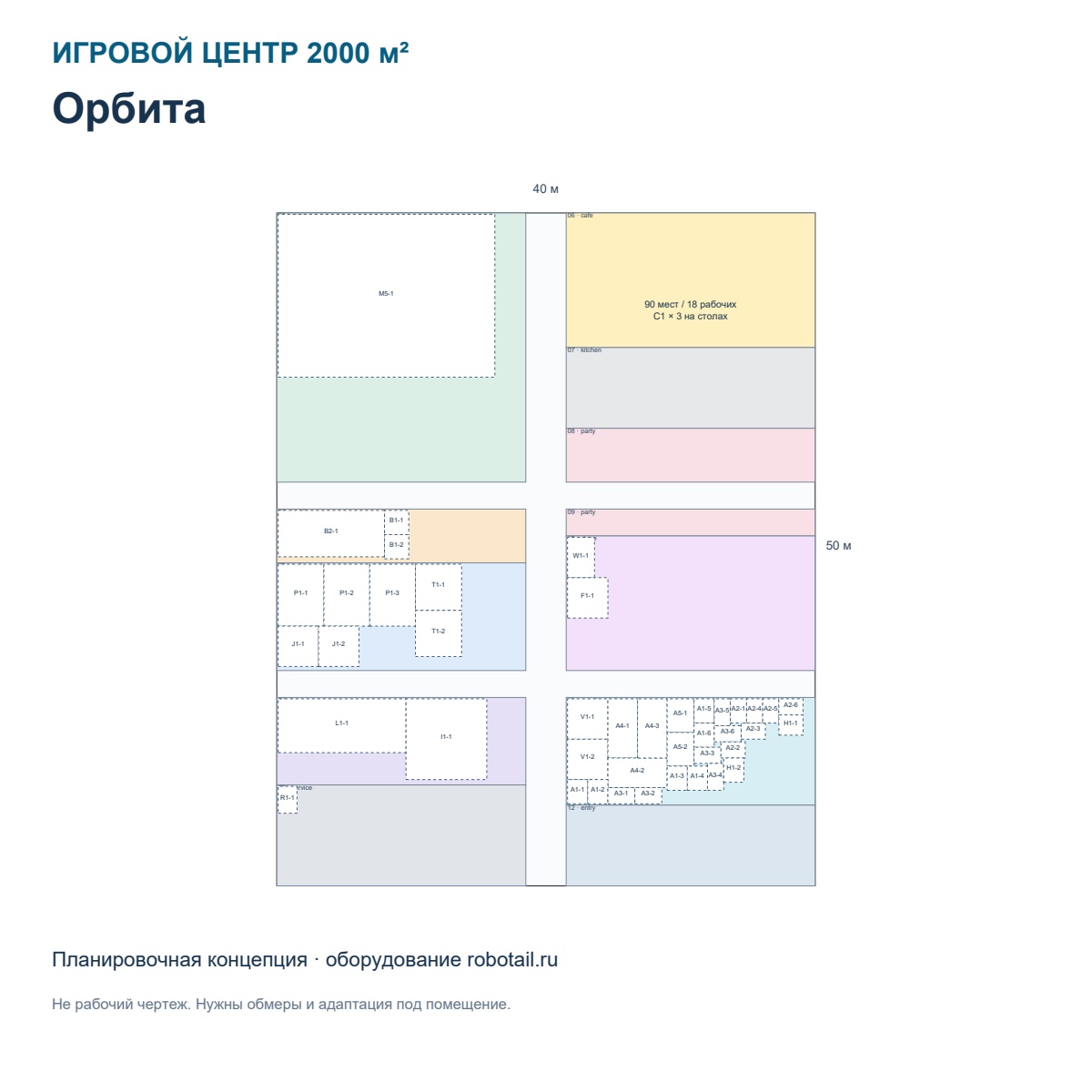 Предварительная планировка игрового центра 2000 м² Орбита с зонами и оборудованием