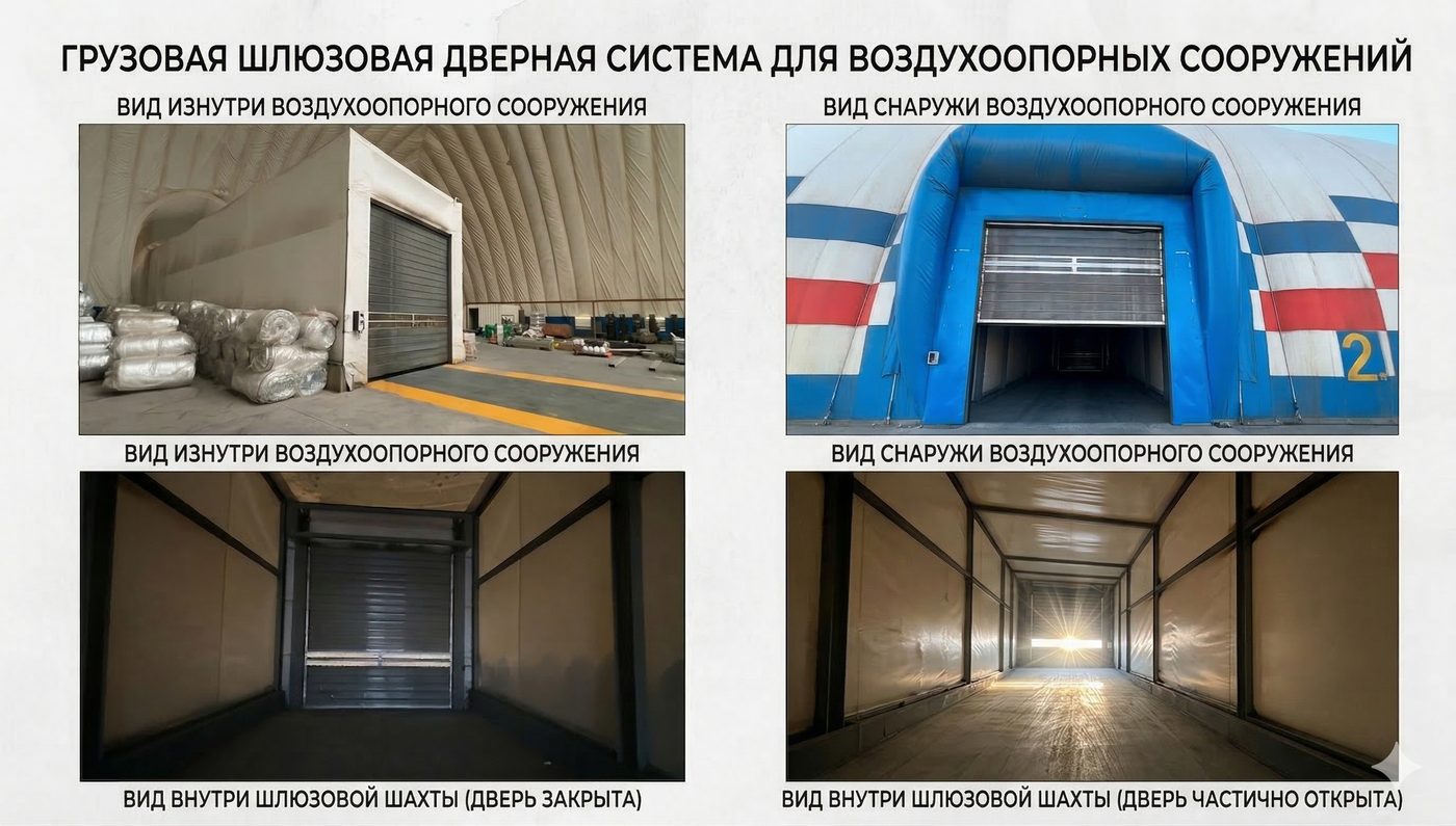 Грузовая шлюзовая дверная система воздухоопорного сооружения снаружи и внутри