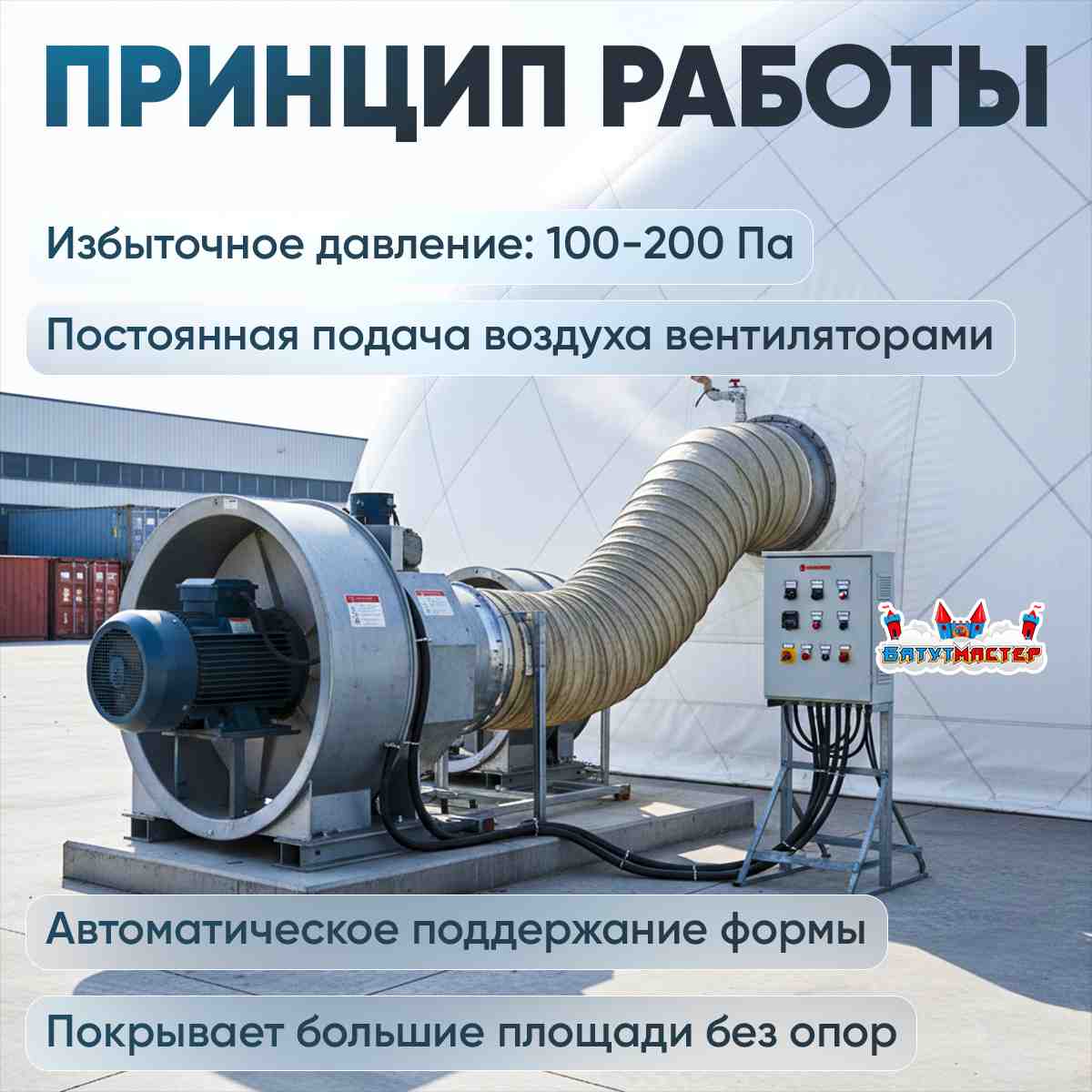 Реальное фото вентиляторной установки, создающей избыточное давление в воздухоопорном сооружении