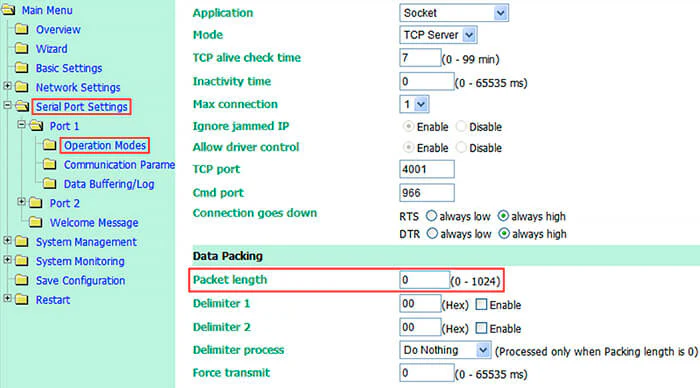 Настройка Packet length в веб-интерфейсе NPort