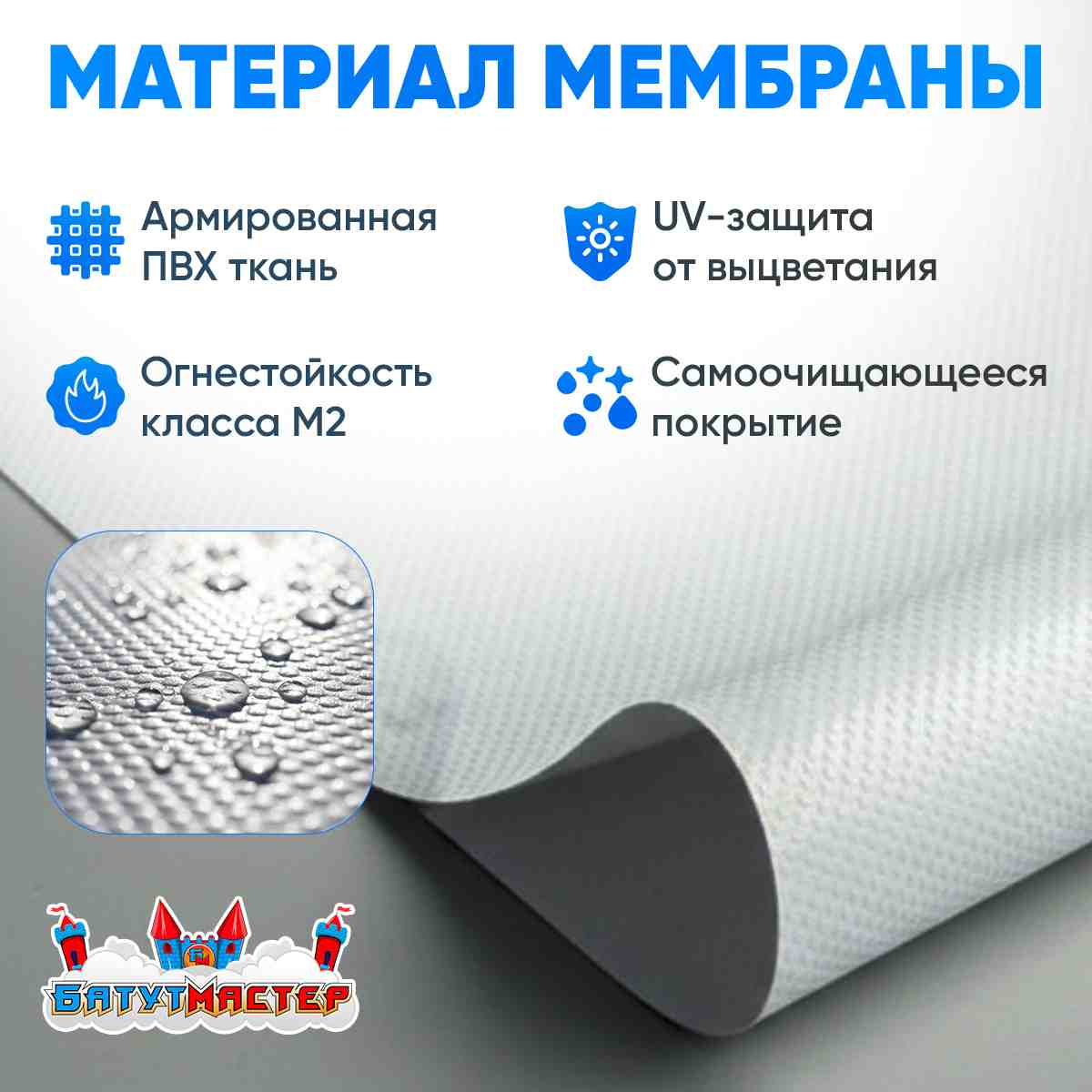 Свойства мембраны: армированная ПВХ ткань, UV-защита, огнестойкость, самоочищающееся покрытие