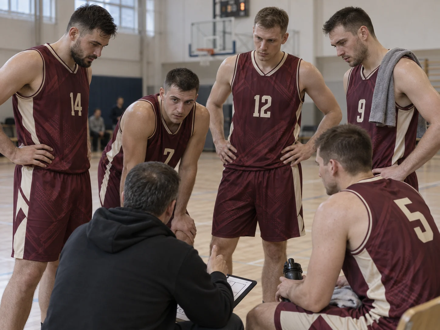 Баскетбольная команда «Орион» в бордовой игровой форме на тайм-ауте