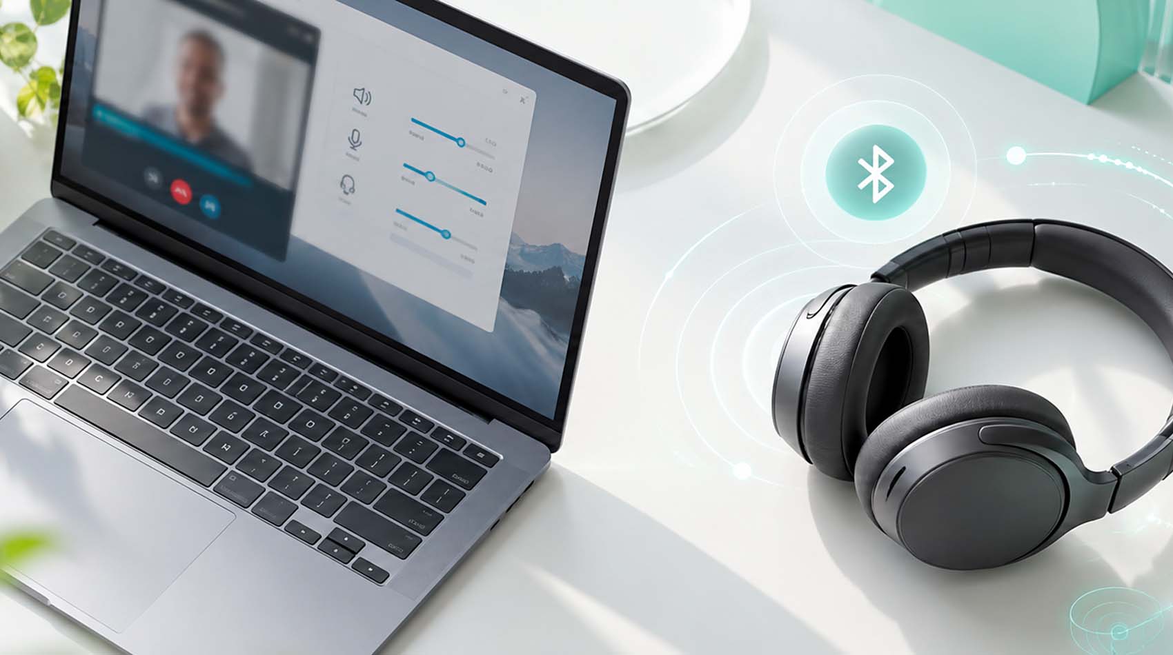 Bluetooth-наушники и компьютер для сравнения режимов музыки и разговора Bluetooth-наушники и компьютер для сравнения режимов музыки и разговора