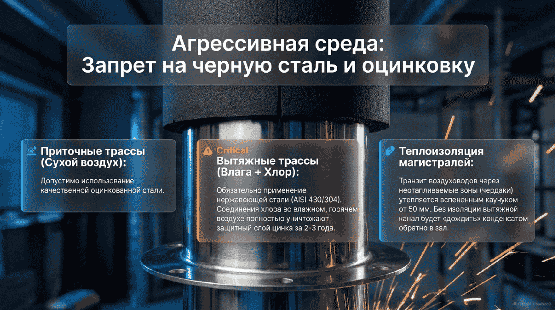 Агрессивная среда бассейна: почему для влажных вытяжных трасс с хлором запрещена оцинковка и требуется нержавеющая сталь. Агрессивная среда бассейна: почему для влажных вытяжных трасс с хлором запрещена оцинковка и требуется нержавеющая сталь.