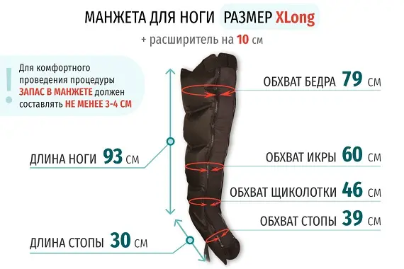 Размеры манжеты ноги X-Long с расширителем 10 см Размеры манжеты ноги X-Long с расширителем 10 см