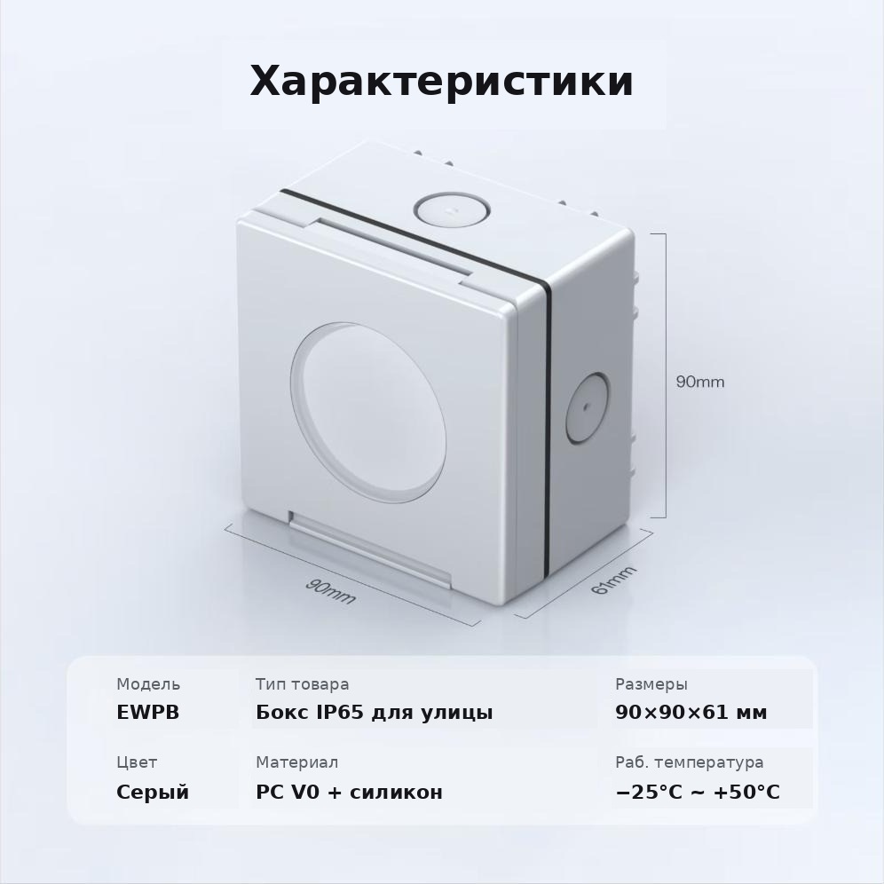 Характеристики SONOFF EWPB: размеры 90×90×61 мм, материал PC V0 + силикон