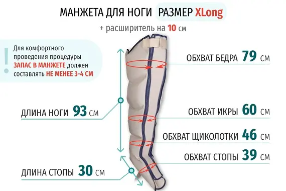 Размеры манжеты ноги X-Long с расширителем 10 см Размеры манжеты ноги X-Long с расширителем 10 см