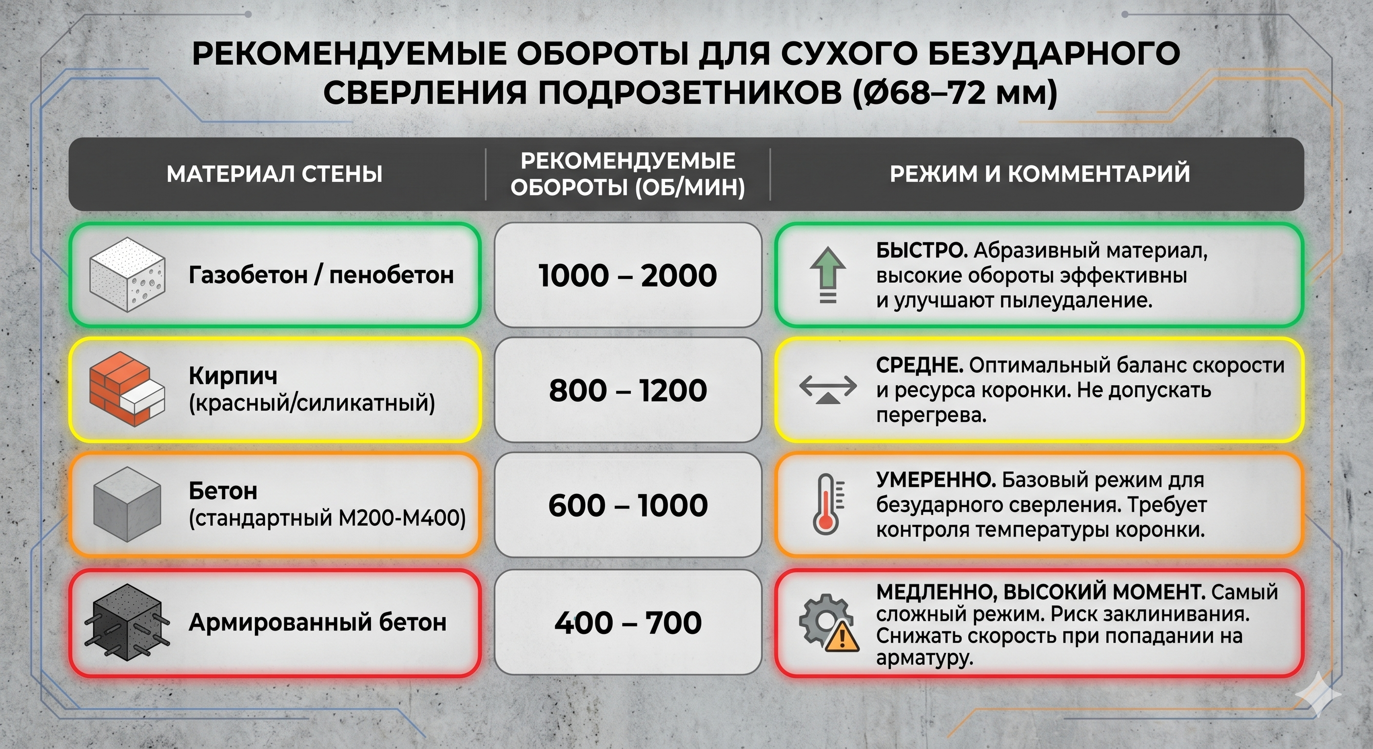 Таблица рекомендуемых оборотов для алмазных коронок 68 и 72 мм