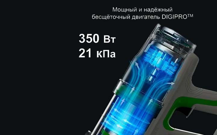 Данная модель оснащена передовым бесщеточным двигателем мощностью 350 Вт и максимальным разряжением до 21 кПа (21 000 Па).