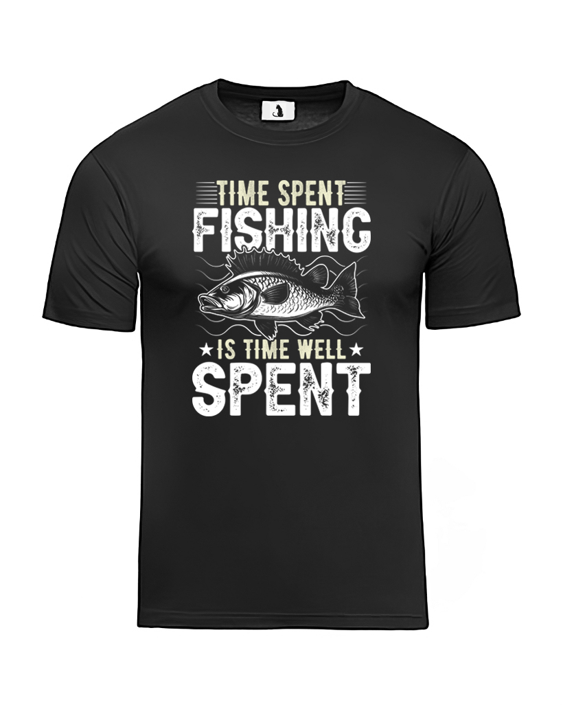 Образец футболки про рыбалку Time spent fishing unisex классического прямого кроя Футболка про рыбалку Time spent fishing unisex классического прямого кроя белая