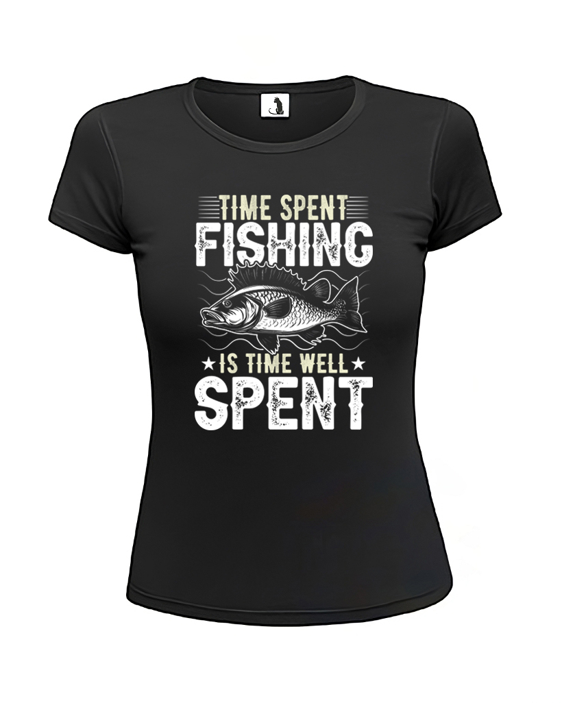 Образец женской футболки про рыбалку Time spent fishing приталенного кроя Футболка женская про рыбалку Time spent fishing приталенная