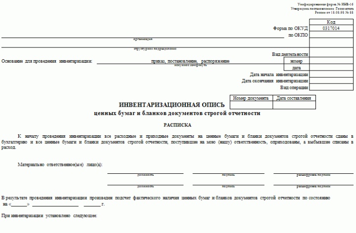 Форма инвентаризационной описи строгоотчетных бланков ИНВ-16