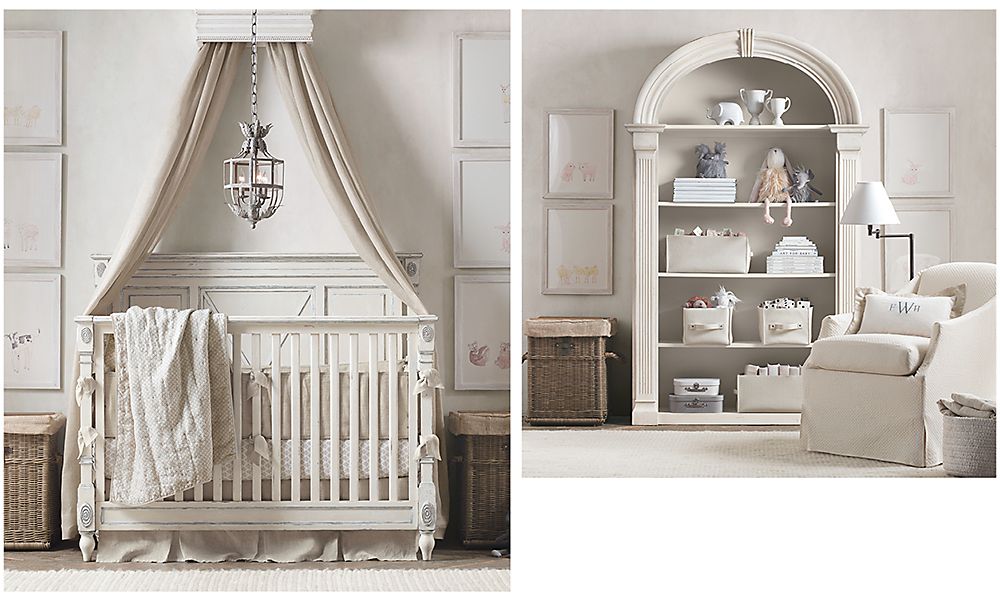 Комната унисекс в светлых тонах для новорожденного ребенка Restoration Hardware