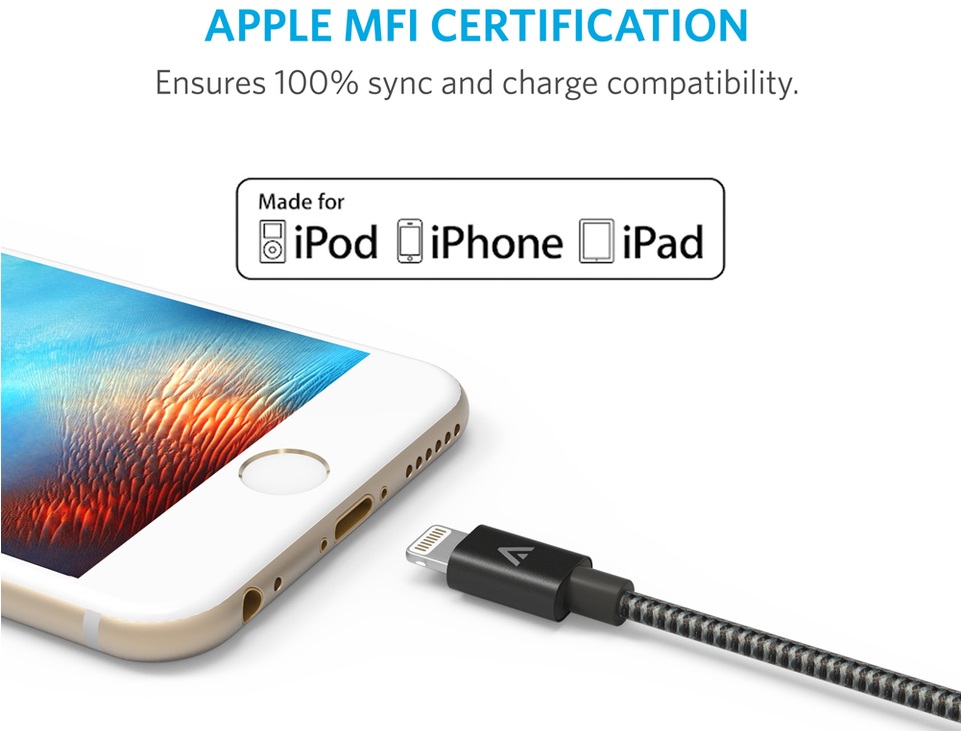 Anker Nylon-Braided Lightning to USB Cable - Нейлоновый кабель для синхронизации Apple iPhone, iPad и iPod с разъёмом Lightning.