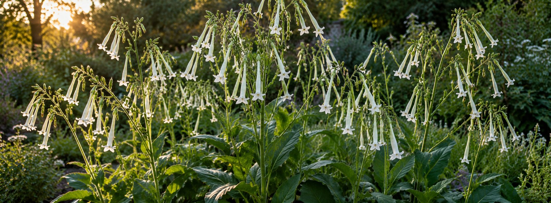 Лесной табак Nicotiana sylvestris с белыми трубчатыми цветками на клумбе