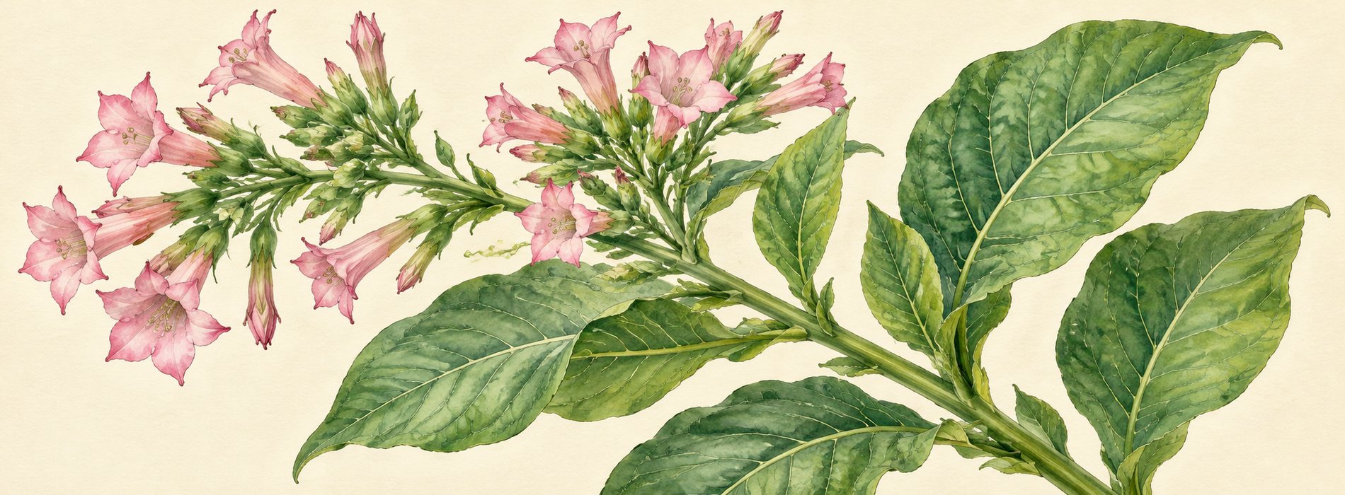 Культурный табак Nicotiana tabacum, природный гибрид, с розовыми цветками на старинном рисунке