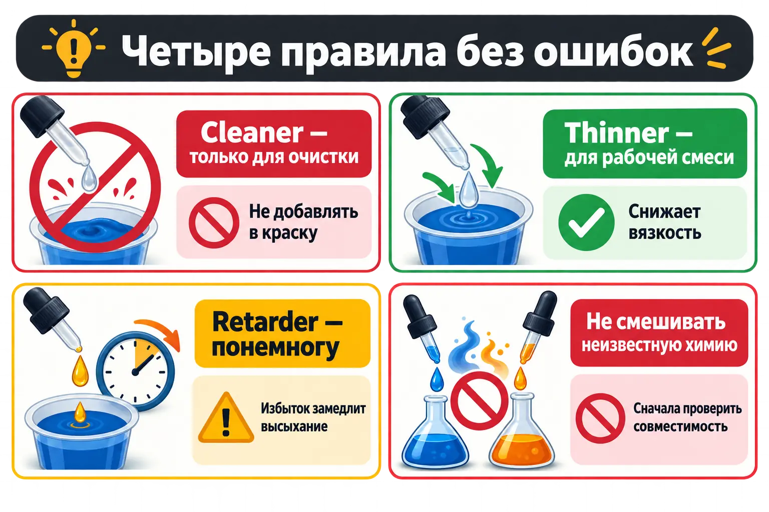 Четыре правила работы с Cleaner, Thinner и Retarder