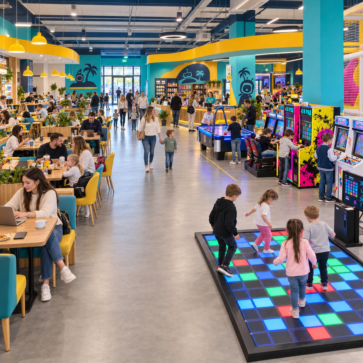 Концепция игрового центра 500 м&sup2; Техноостров с посетителями