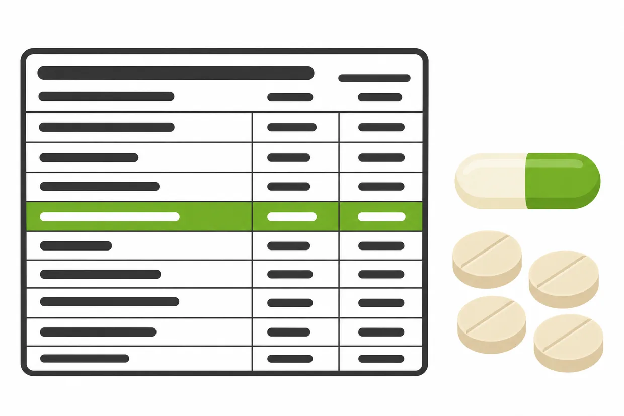 Схема таблицы Supplement Facts: размер порции, количество вещества на порцию и процент суточной нормы
