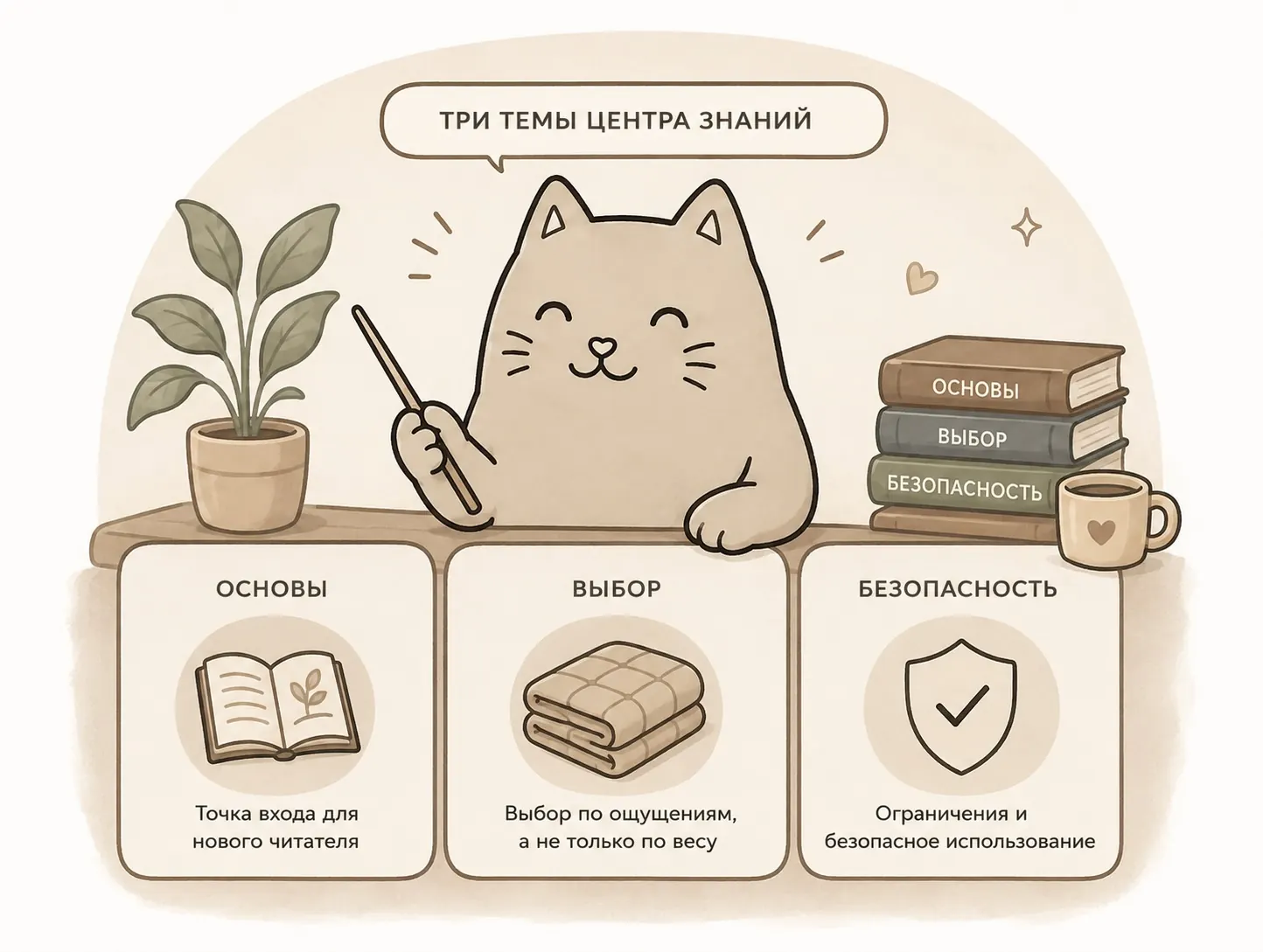 Котёнок показывает основные темы Центра знаний OBYATIA